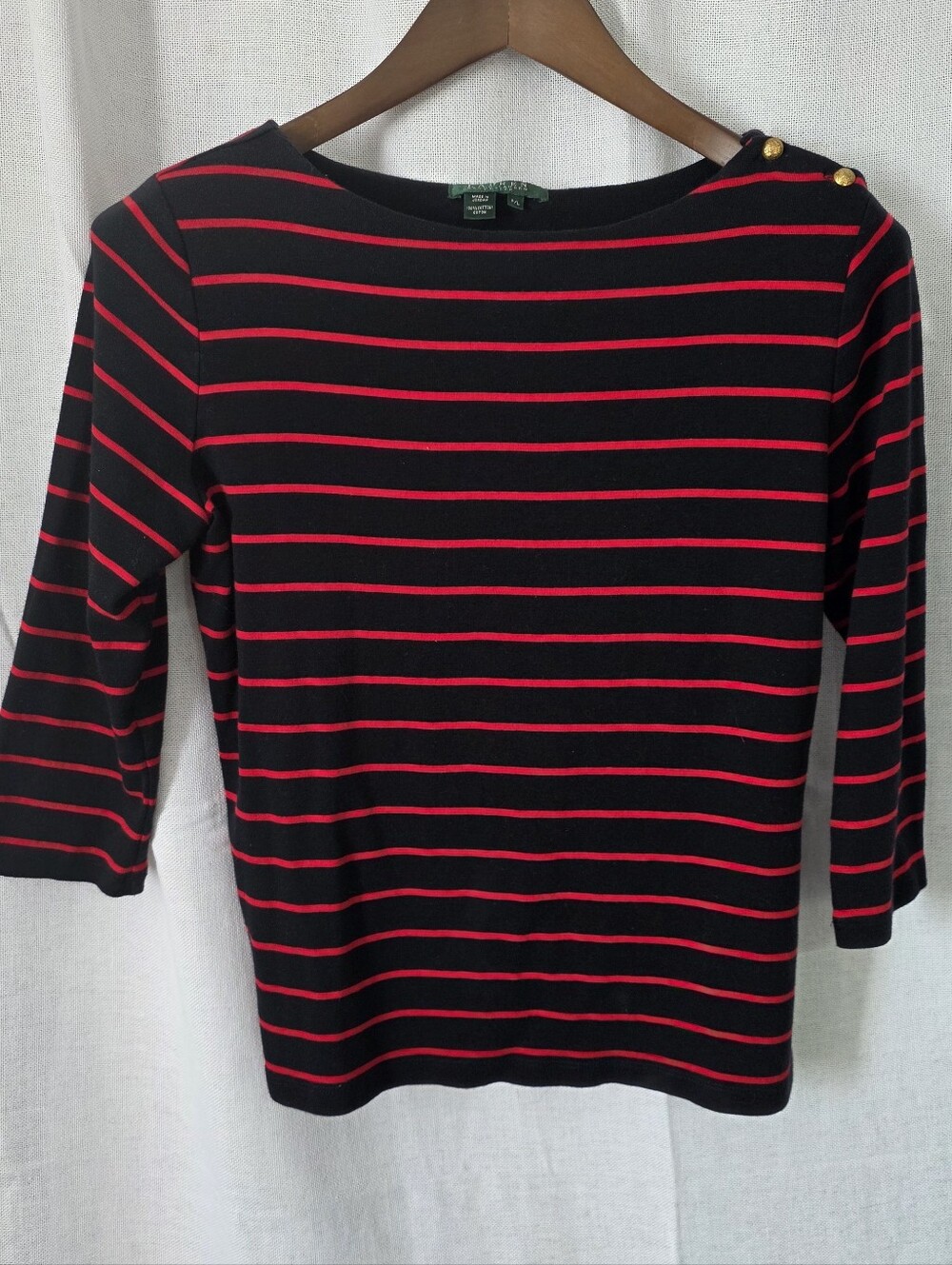 Lauren Ralph Lauren Petite L Striped Gold Button Boatneck Top